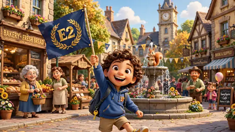 A kid waving the E2 flag proudly in TawnySquire town square