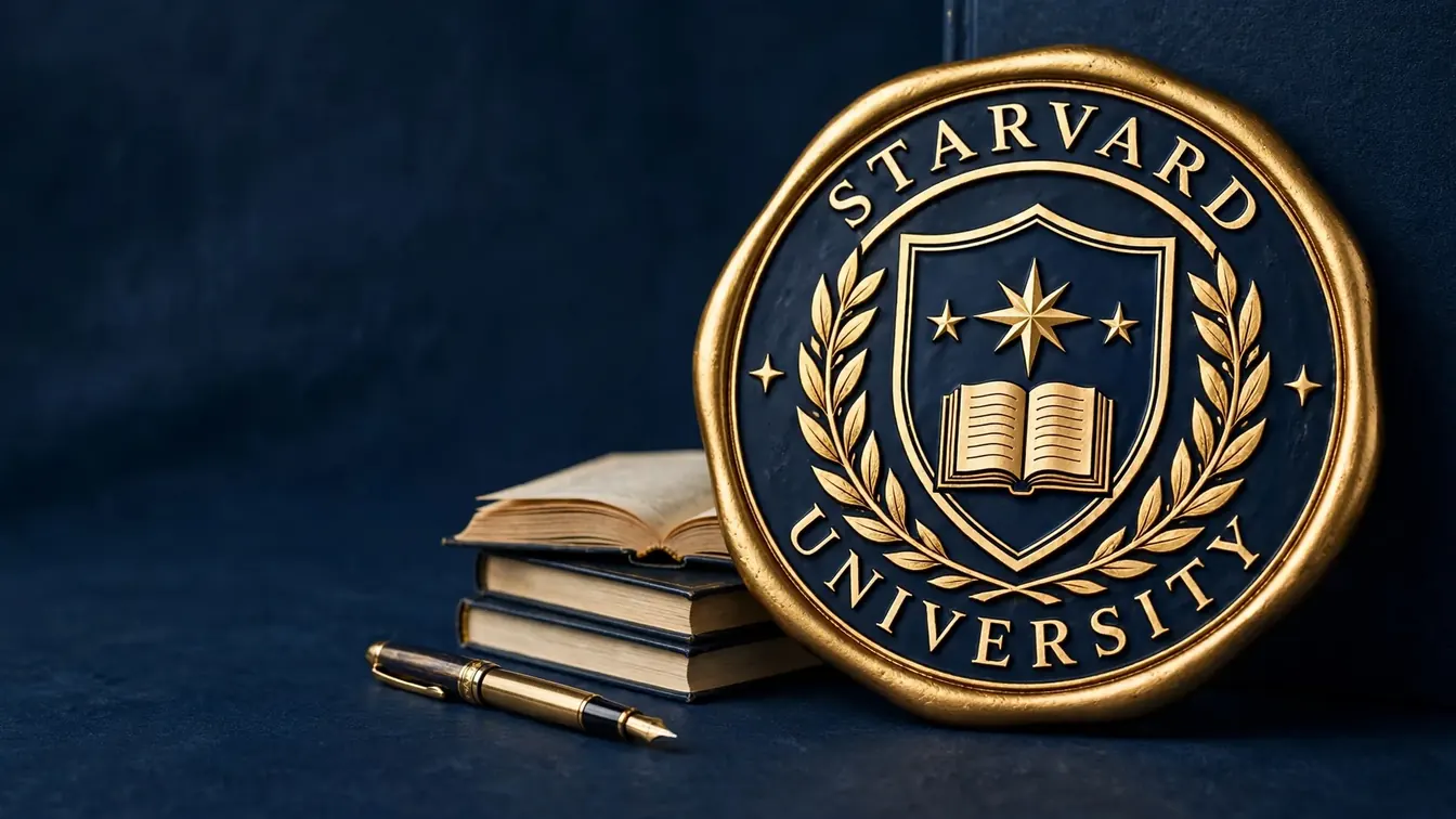 The Starvard seal, a gold medallion with books and a fountain pen