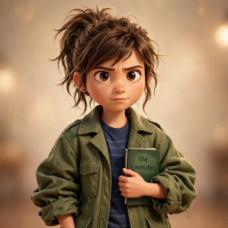 Bright, a girl in an oversized jacket holding her notebook called the minutes