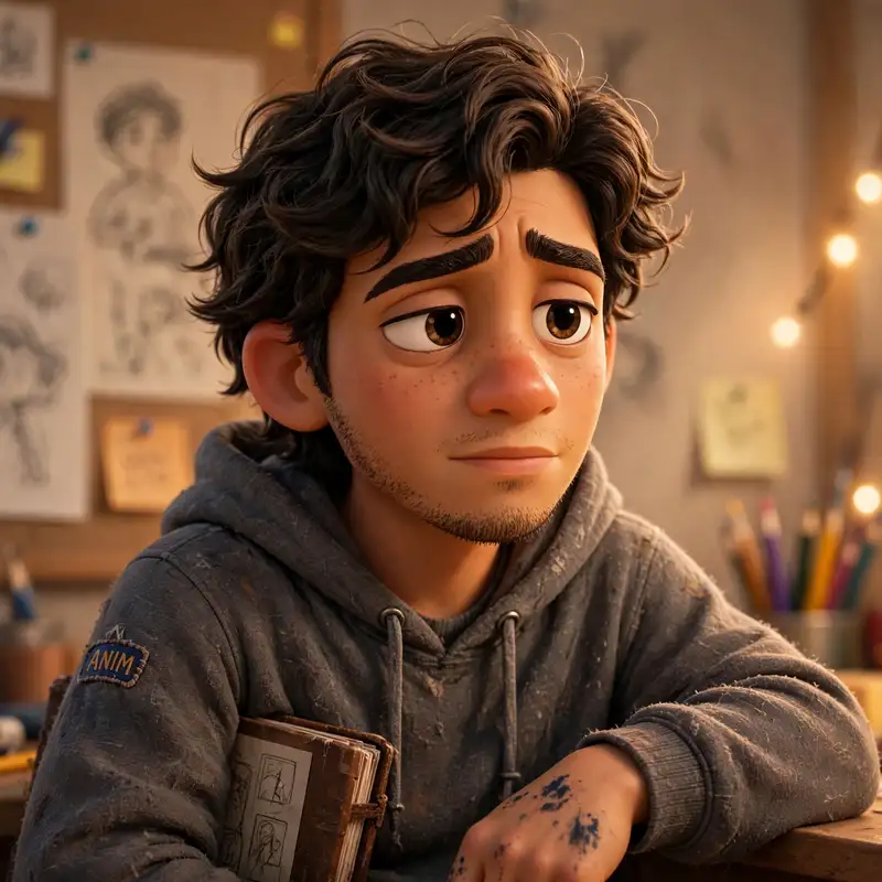Nico Reyes, an animator in a worn hoodie with a sketchbook and ink on his fingers
