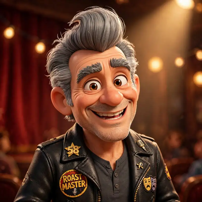 Ruckus Malone, a veteran comic in a leather jacket with a graying pompadour and a wicked grin