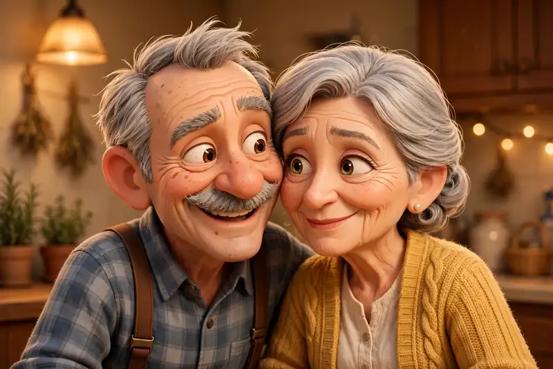 Sal and Bea Moretti, an elderly couple leaning into each other, laughing