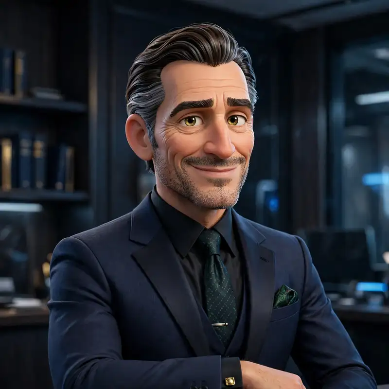 Victor Slane, a man in an impeccable tailored suit with a knowing half smile
