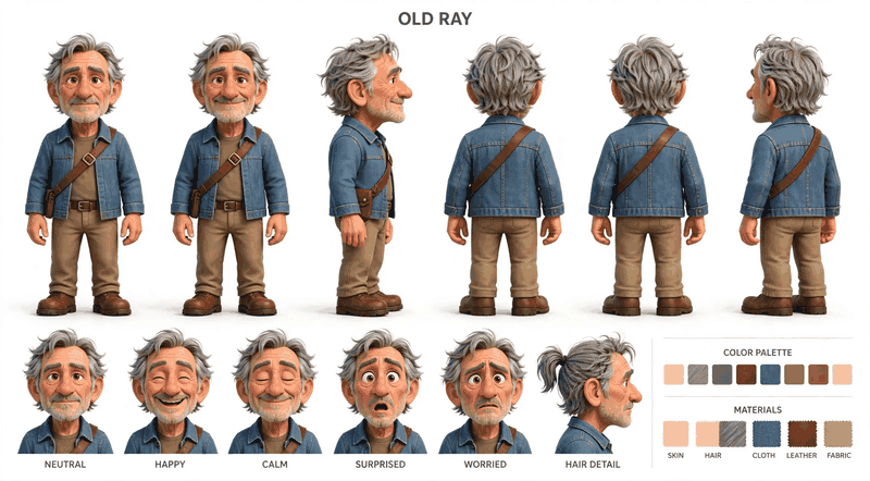 Old Ray character reference sheet