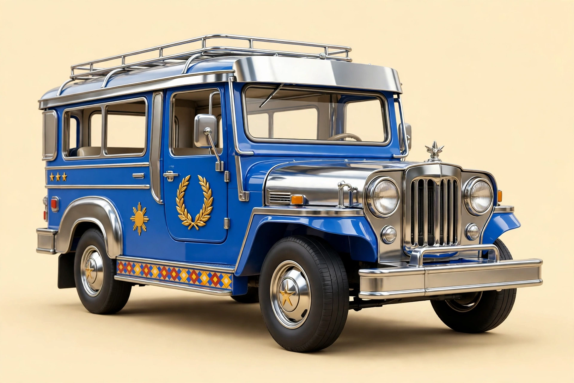 The E2 Jeepney: a glossy royal blue Filipino jeepney with chrome trim, a golden laurel, and the sun emblem