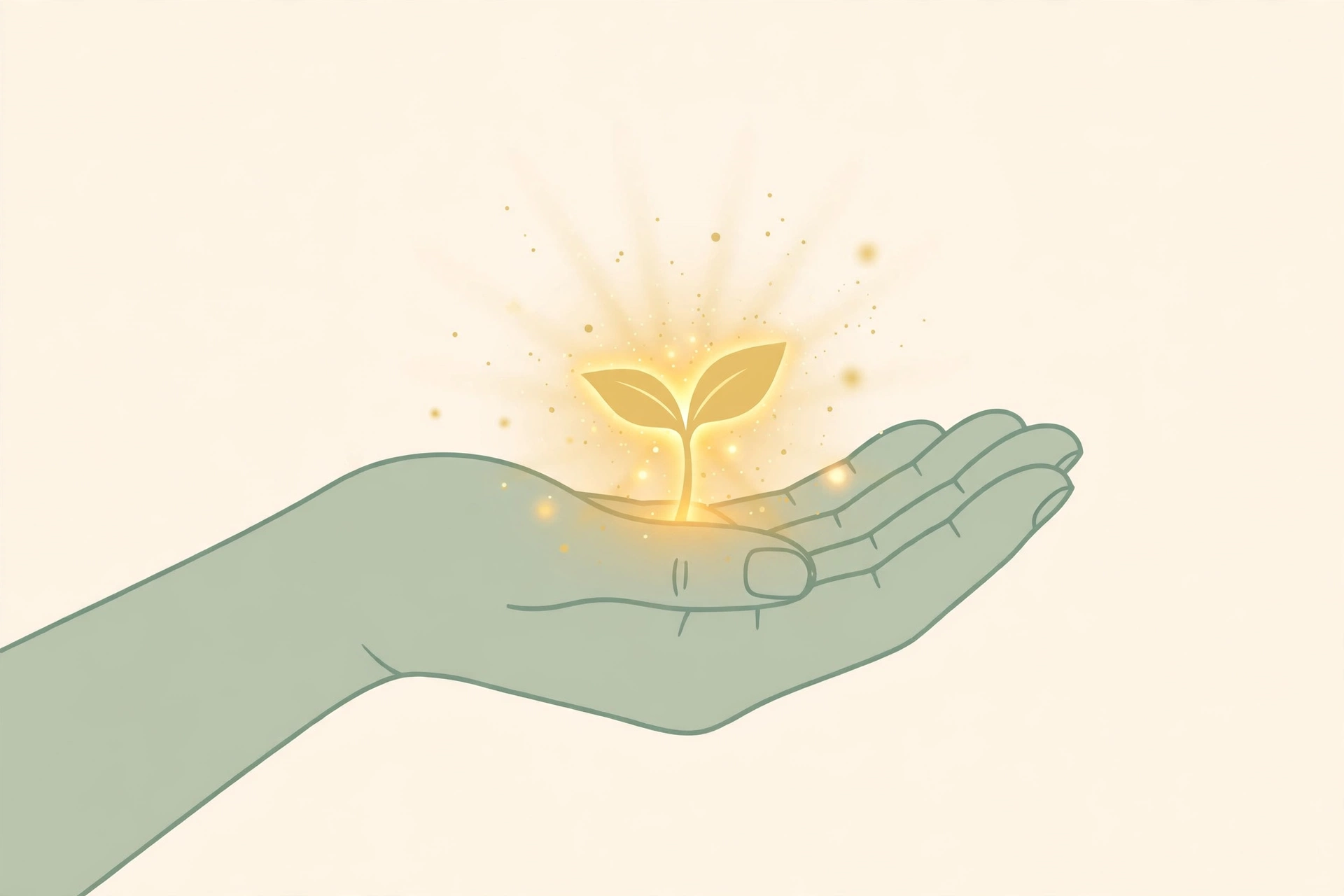 Illustration of an open hand holding a small glowing seedling