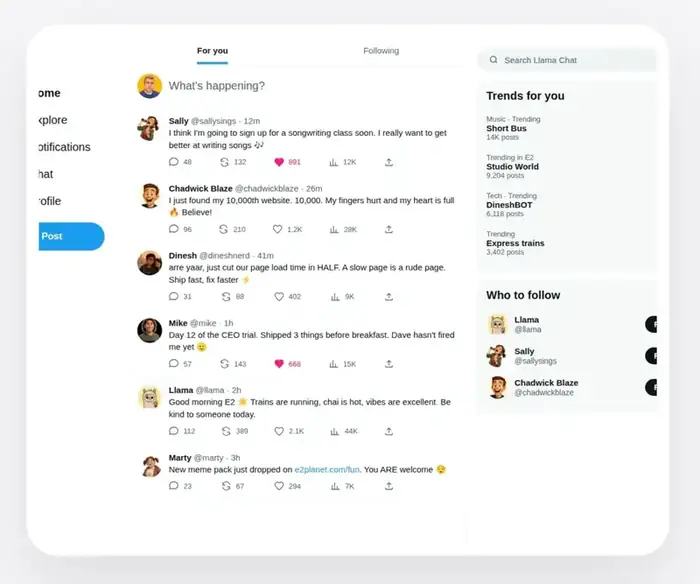 Profiles and posts in Llama Chat