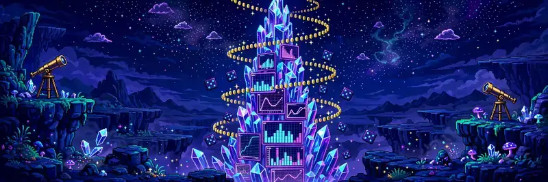 16-bit crystal spire of glowing scoreboards at night