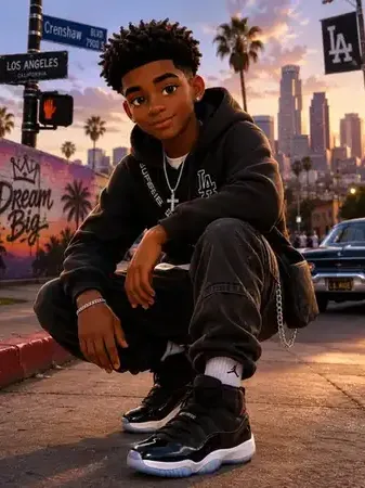 Jalen sitting on a Los Angeles street at sunset