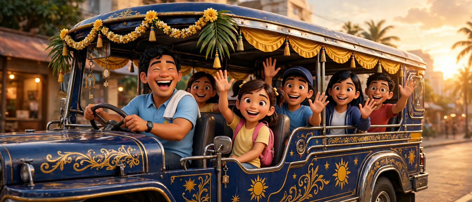 Kuya Marco driving a jeepney full of cheering friends, Pixar style