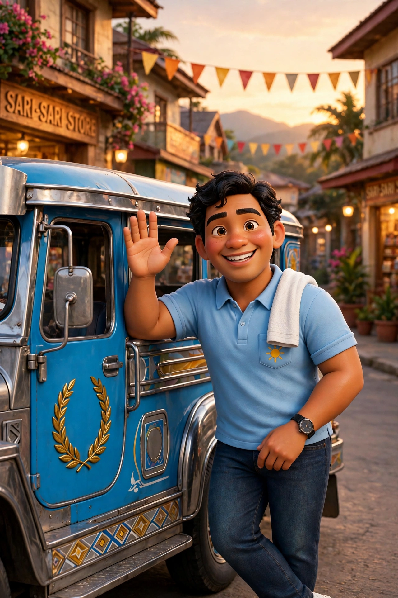 Kuya Marco waving beside his blue jeepney