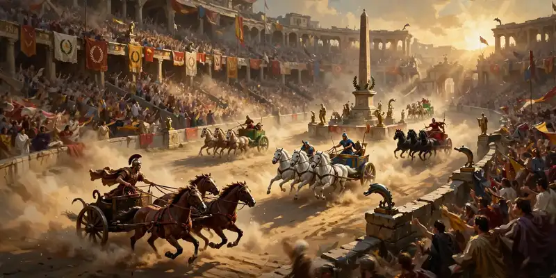 Ancient Roman chariot race at full speed, four-horse teams kicking up golden dust before a roaring crowd