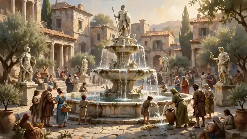 The great fountain of Romula: citizens sitting on the rim with their feet in the water, doves drinking, water sparkling in the sun