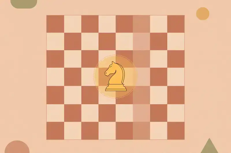 A flat illustration of a chessboard seen from above with a knight highlighted