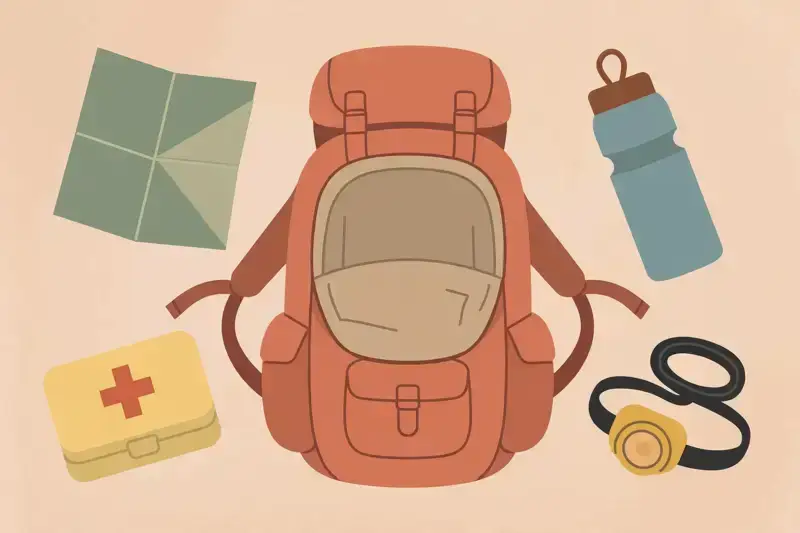 A hiking backpack packed with gear: water bottle, map, headlamp, and first aid kit