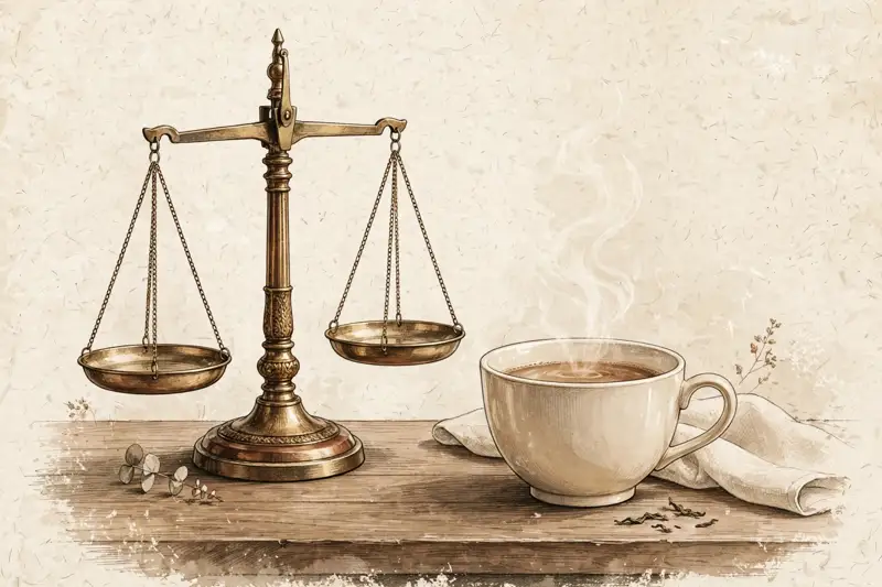 Scales of justice beside a cup of tea
