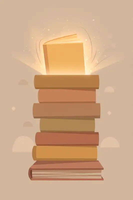 A tall stack of books with one glowing book on top