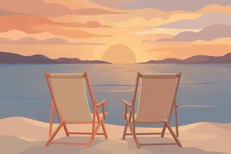 Two empty beach chairs facing a warm sunset over calm water