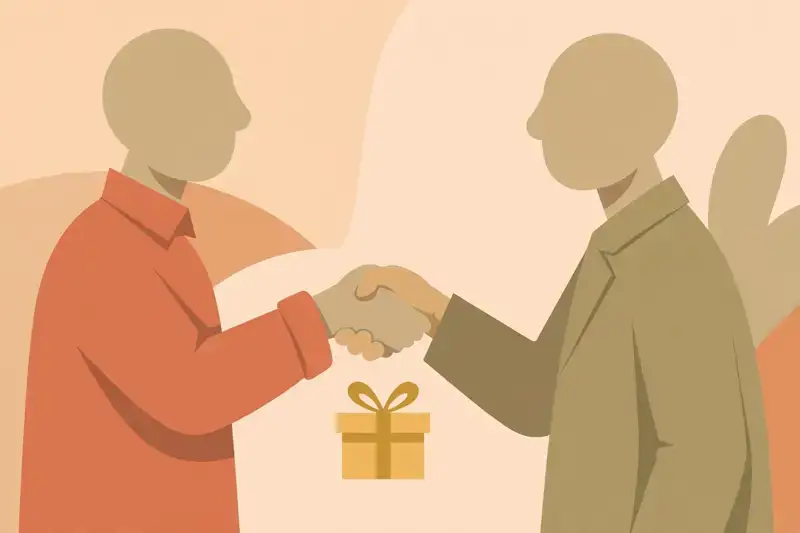 A warm handshake with a gift box being exchanged