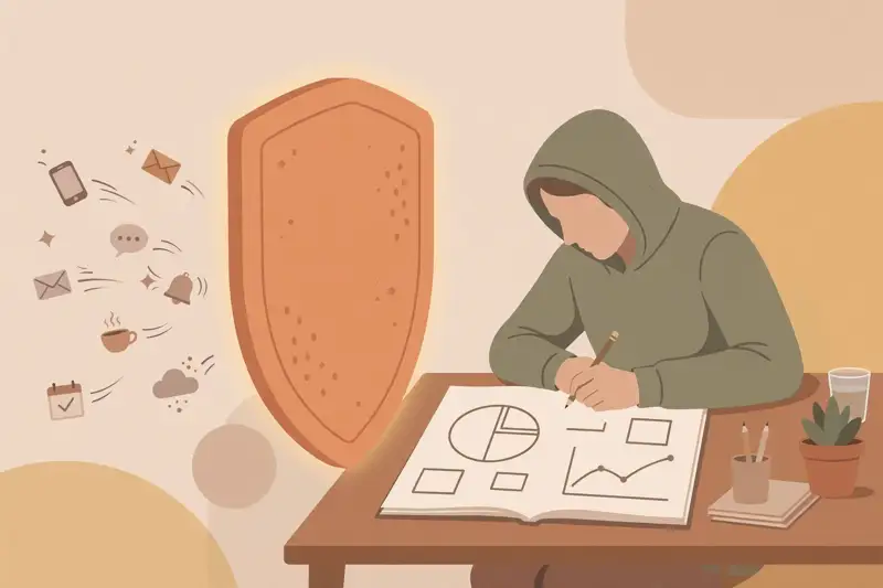 A person focusing deeply on one important task while distractions bounce off a shield