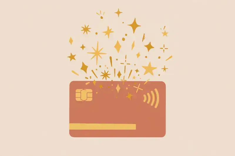 A credit card with golden stars and points rising like sparks