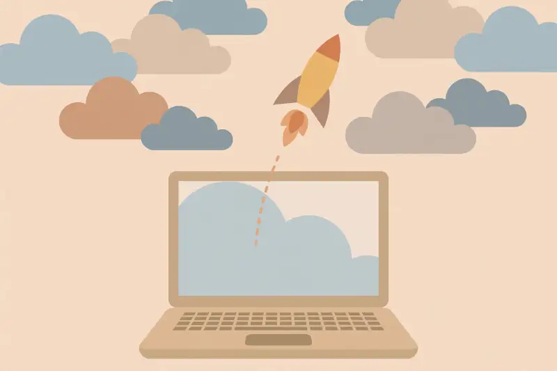 A rocket launching from a laptop screen into a cloudy sky