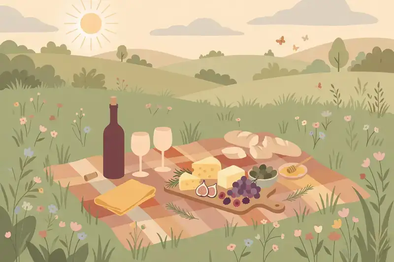 A flat illustration of a wine and cheese picnic spread on a blanket outdoors