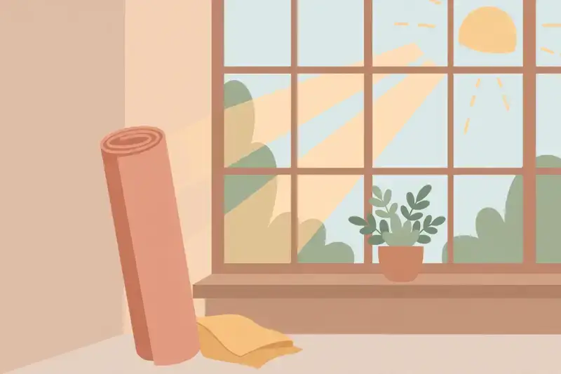 A rolled yoga mat beside a sunny window with a small plant