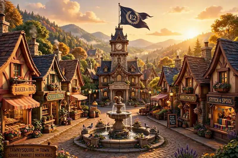 TawnySquire at golden hour: main street with colorful shops, the town square fountain, and the E2 flag flying