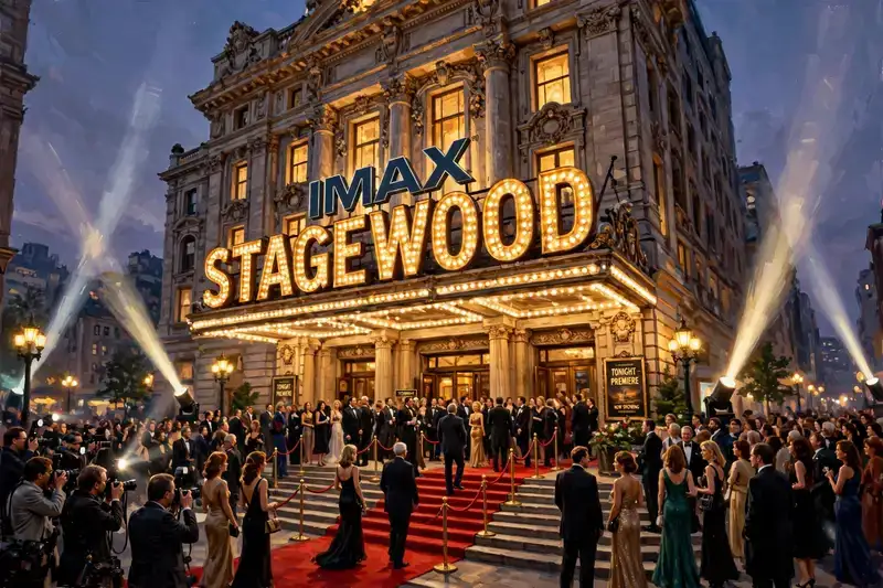 The Stagewood IMAX in TawnySquire on premiere night: grand palace theater with IMAX STAGEWOOD in giant golden bulb letters, red carpet, photographers, and searchlights in the dusk sky